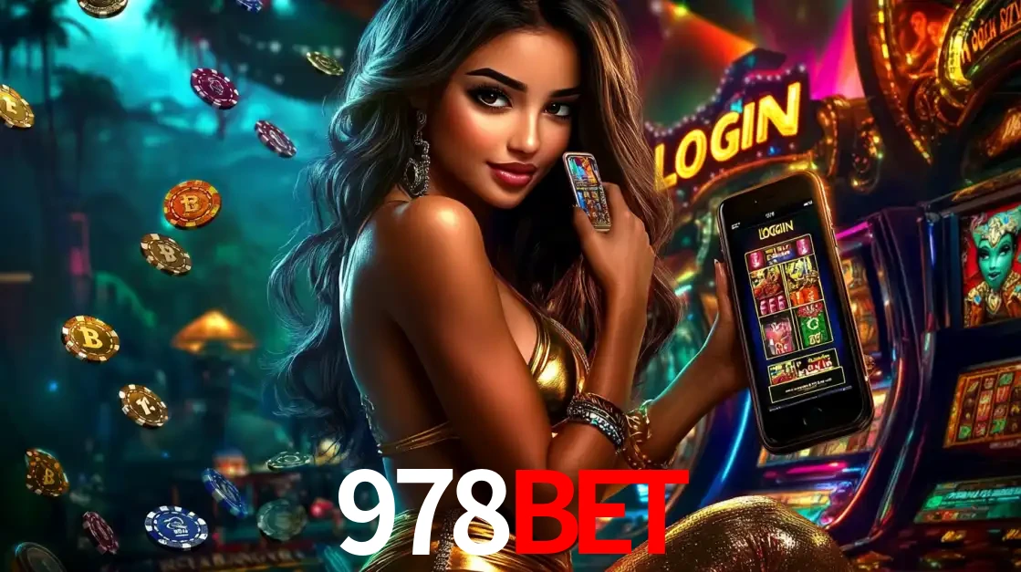 Mulher em um cenário de cassino temático de aventura, mostrando o app de caça-níqueis da 978bet no celular. Fichas de apostas flutuam ao redor.
