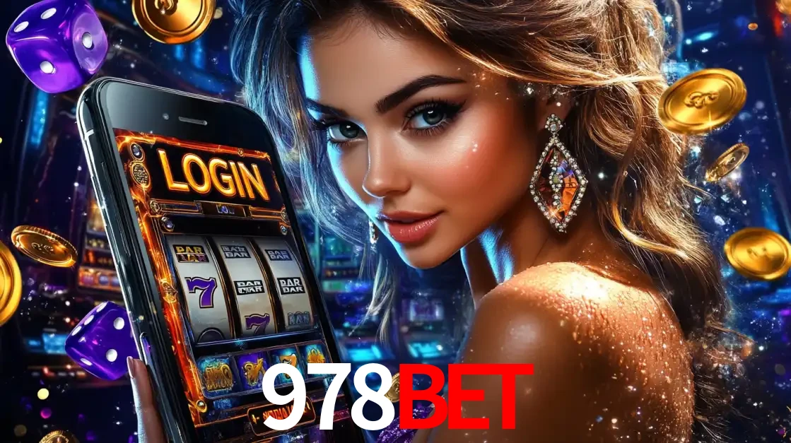 Mulher glamorosa segurando um smartphone com a tela de login para os jogos de caça-níqueis do cassino online 978bet, com moedas de ouro e dados ao redor.