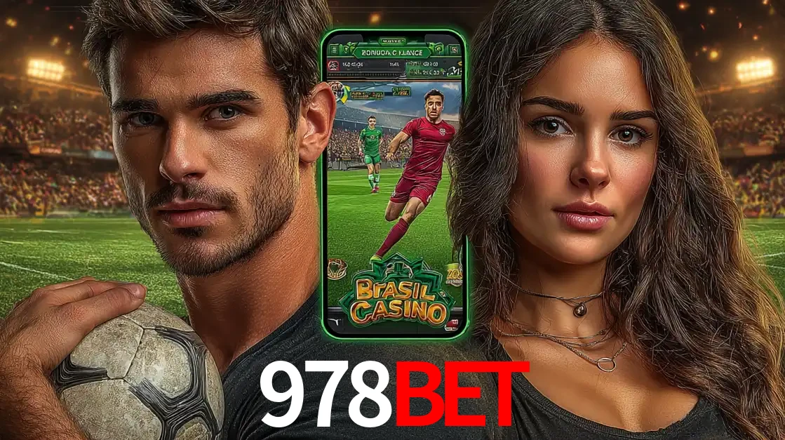 Homem segurando uma bola de futebol e uma mulher ao lado de um smartphone exibindo o jogo de apostas esportivas da 978bet. Faça seu palpite no cassino online.